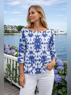 Vineyard Vines Ikat Print Tunic Top Blue White 3/4 Sleeve Casual Shirt XS NWT